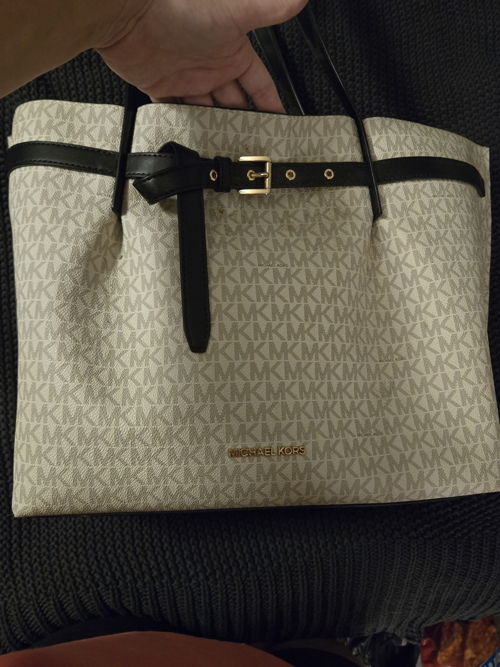 Michael Kors Cream Monogram Tote with Black Trim